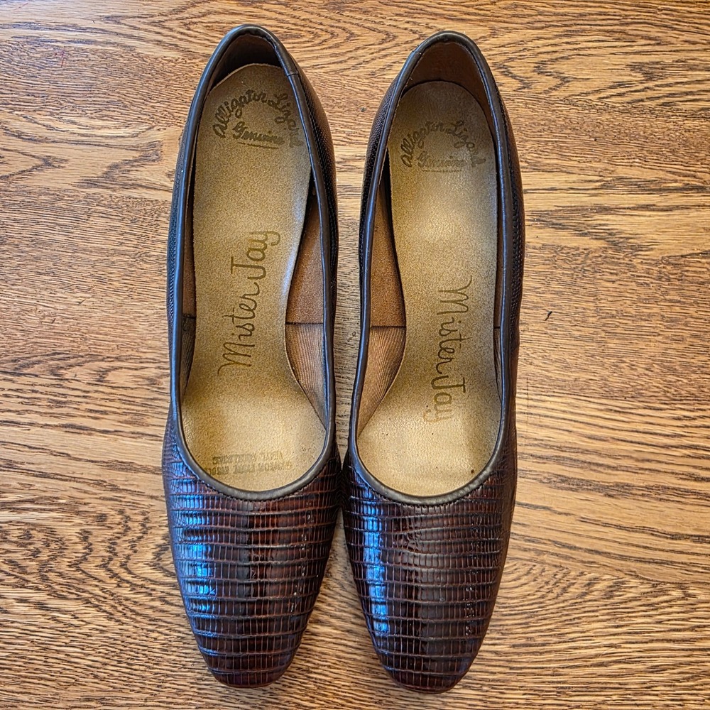 Vintage Mister Jay 4.5‎ Brown Alligator Lizard Embossed Kitten Heel Pumps Womens